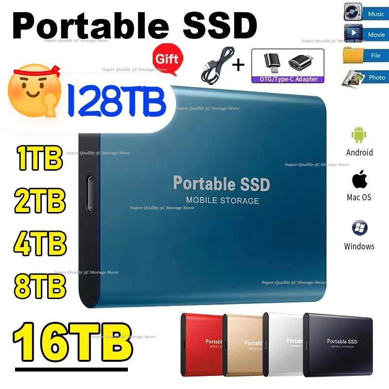 

Portable SSD 128TB High-speed Mobile Solid State Drive 4TB External Storage Decives Type-C USB 3.1 Interface for Laptop/PC/ Mac