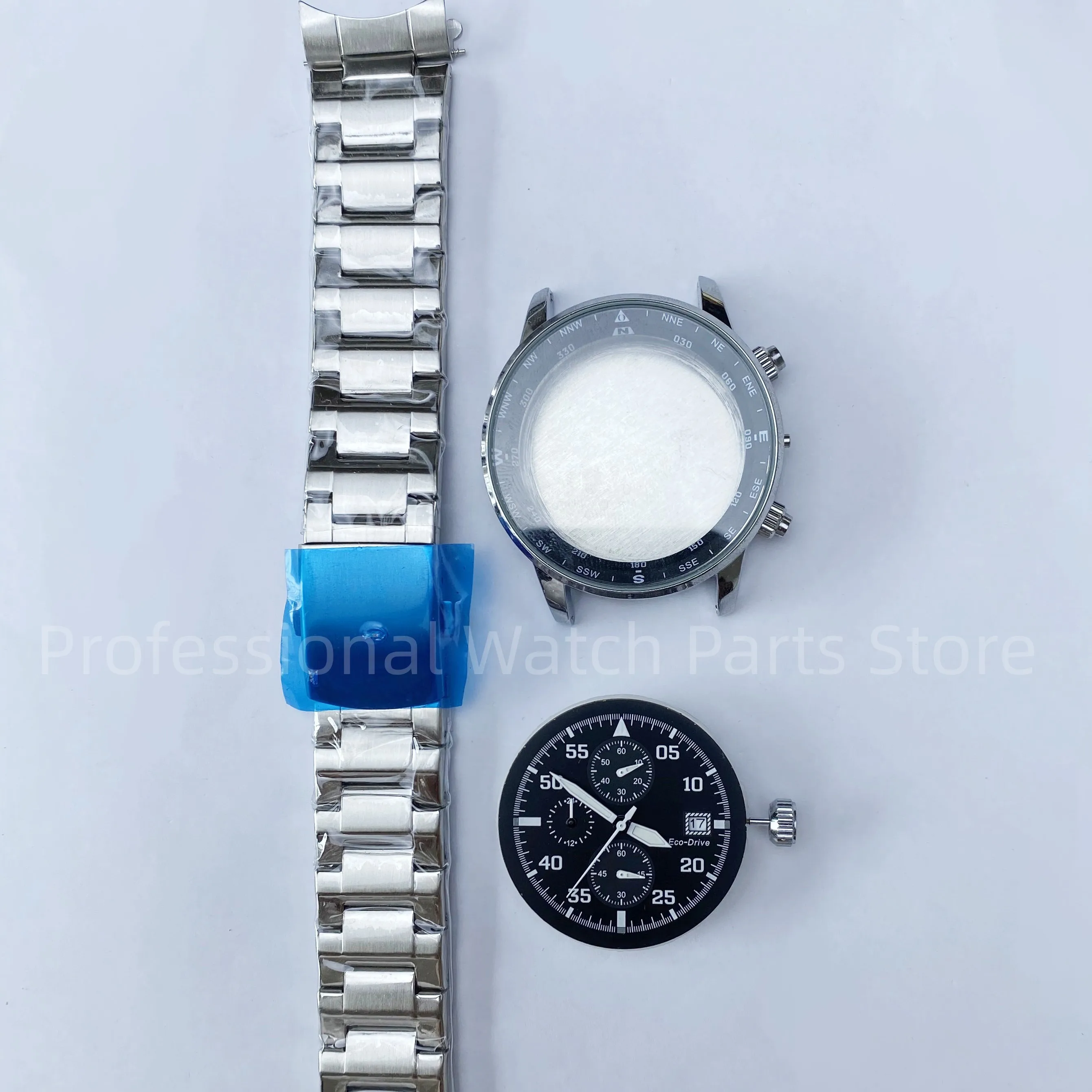 44mm Watch Accessories Set Case+Dial+Hands+Crown+Stainless Steel Strap with Complimentary Quartz Movement Set Calendar Window