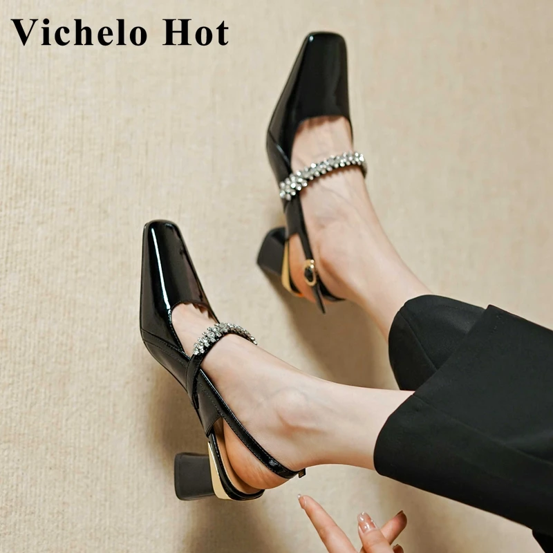 

Vichelo Hot Big Size Slingbacks Genuine Leather Rhinestone French Elegant Beauty Lady Party Shiny Buckle Strap Women Pumps L83