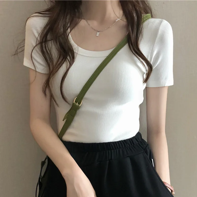 

Sexy U-neck Short Sleeve Ribbed Knit T Shirt for Women Summer Solid Bodycon Cute Baby Tee Crop Top Club Tank Tops Y2K Clothes