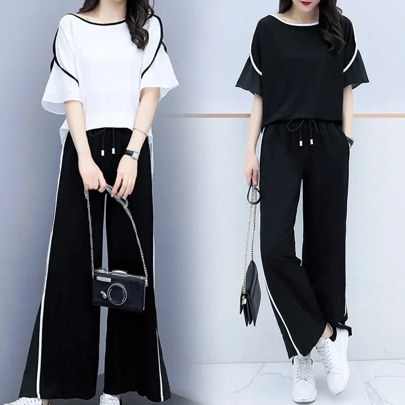 Женский элегантный комплект из двух предметов, топ с коротким рукавом и брюки, большие размеры, весна-осень 2023