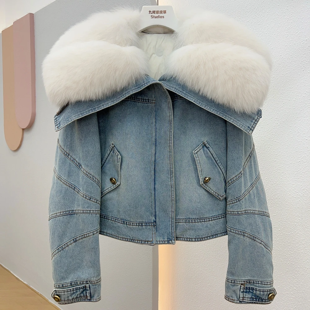 

Женское джинсовое пальто, куртка из гусиного пуха с большим воротником и натуральным лисьим мехом, роскошная верхняя одежда для зимы 2023