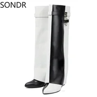 Womens Pointed Toe Knee Thigh High Boots Wedge Clear Transparent Heel Wide Tube Lock Metal Shoes Chelsea Plus Size New 