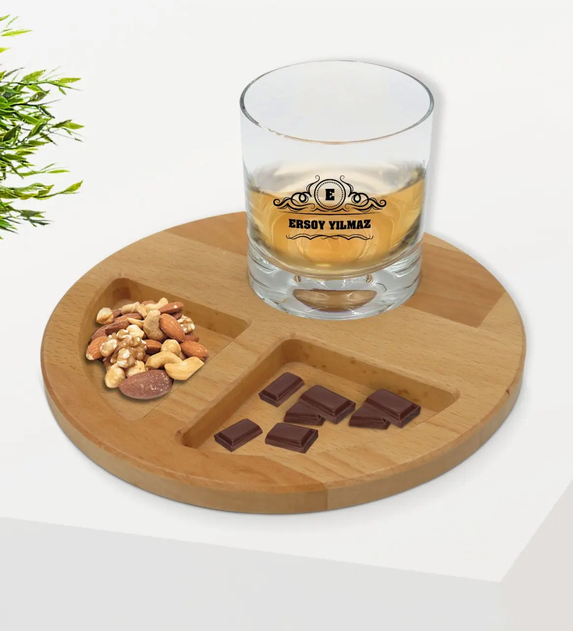 

Personalized İsimli Whisky Cup and Natural Solid Wood Round Presentation Tabağı Confectionary Gift Seti-33
