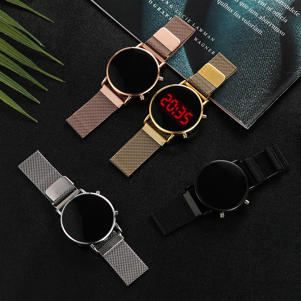 

Luxury Rose Gold Digital Red LED Dial Watches For Women Stainless Steel Belt Quartz Watch Ladies Magnet Clock Drop Ship