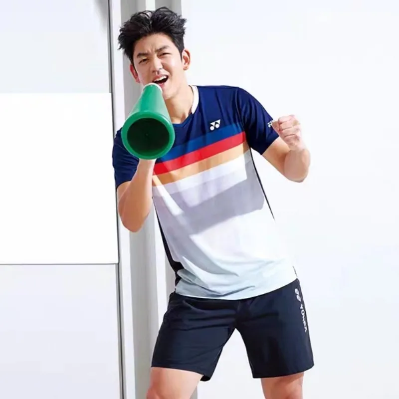 YY badminton T-shirt half sleeve rainbow color V-neck men and women outdoor sports tennis quick drying clothes breathable sweat