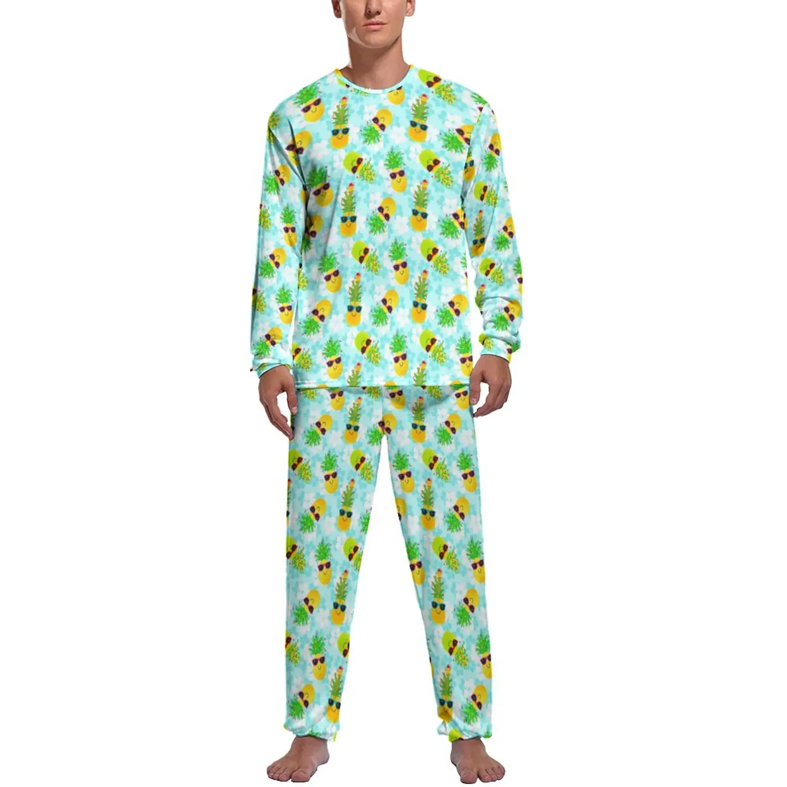 Christmas Pineapples Pajamas Winter Funny Tropical Room Nightwear Man 2 Piece Custom Long-Sleeve Cool Pajama Sets