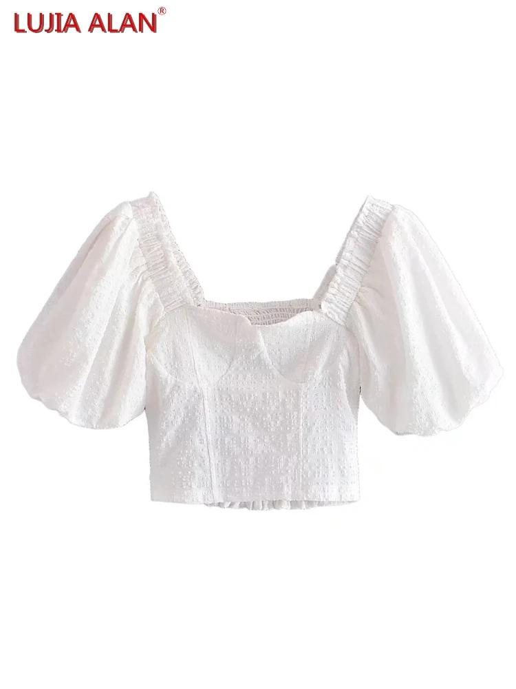 

Women Square Collar Puff Sleeve Short Blouse Smock Summer Female White Shirts Crop Tops Streetwear LUJIA ALAN B380