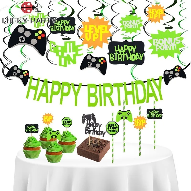 

Play Games Theme Hanging Swirl Decorations DIY Spiral Ornaments Cake Topper for Kids Children Birthday Video Game Party Supplies