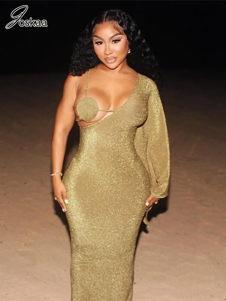 

Joskaa Shiny Solid Long Evening Dress Women Sexy Incline Shoulder Single Sleeve Bodycon Maxi Dresses Fall 2023 Party Clubwear