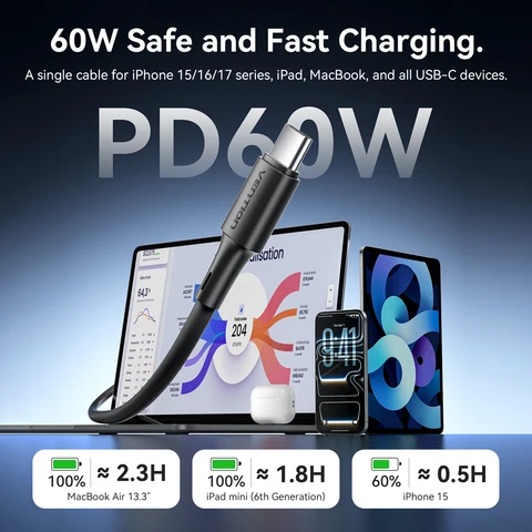 Кабель Vention 60 Вт USB Type C — USB C для iPhone 17 16 15 Samsung S25 S24 Быстрая зарядка USB-C Тип C Провод для зарядки телефона Кабель для передачи данных