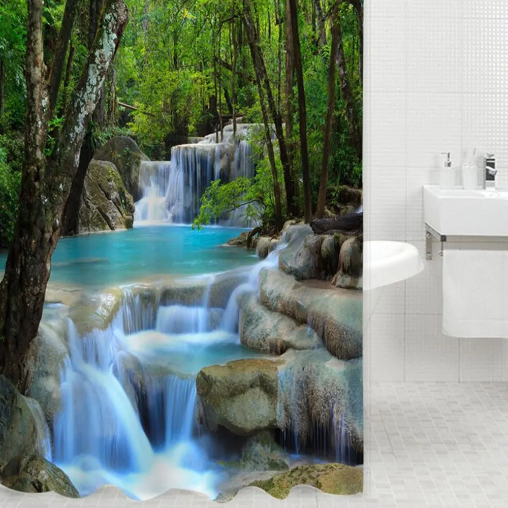 

3D Waterfall Scenery Waterproof Shower Curtain Bathroom Products Creative Polyester Bath Curtain cortina de bano With 12 Hooks