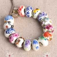 10pcs 15mm x 9mm round flower patterns ceramic porcelain big hole loose beads for jewelry european charms bracelet making diy