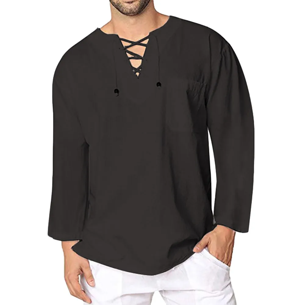 New Solid Color Cotton Linen Men's Shirts New Long Sleeves Casual Lace Up Shirts Men Lightweight Breathable Top Shirts