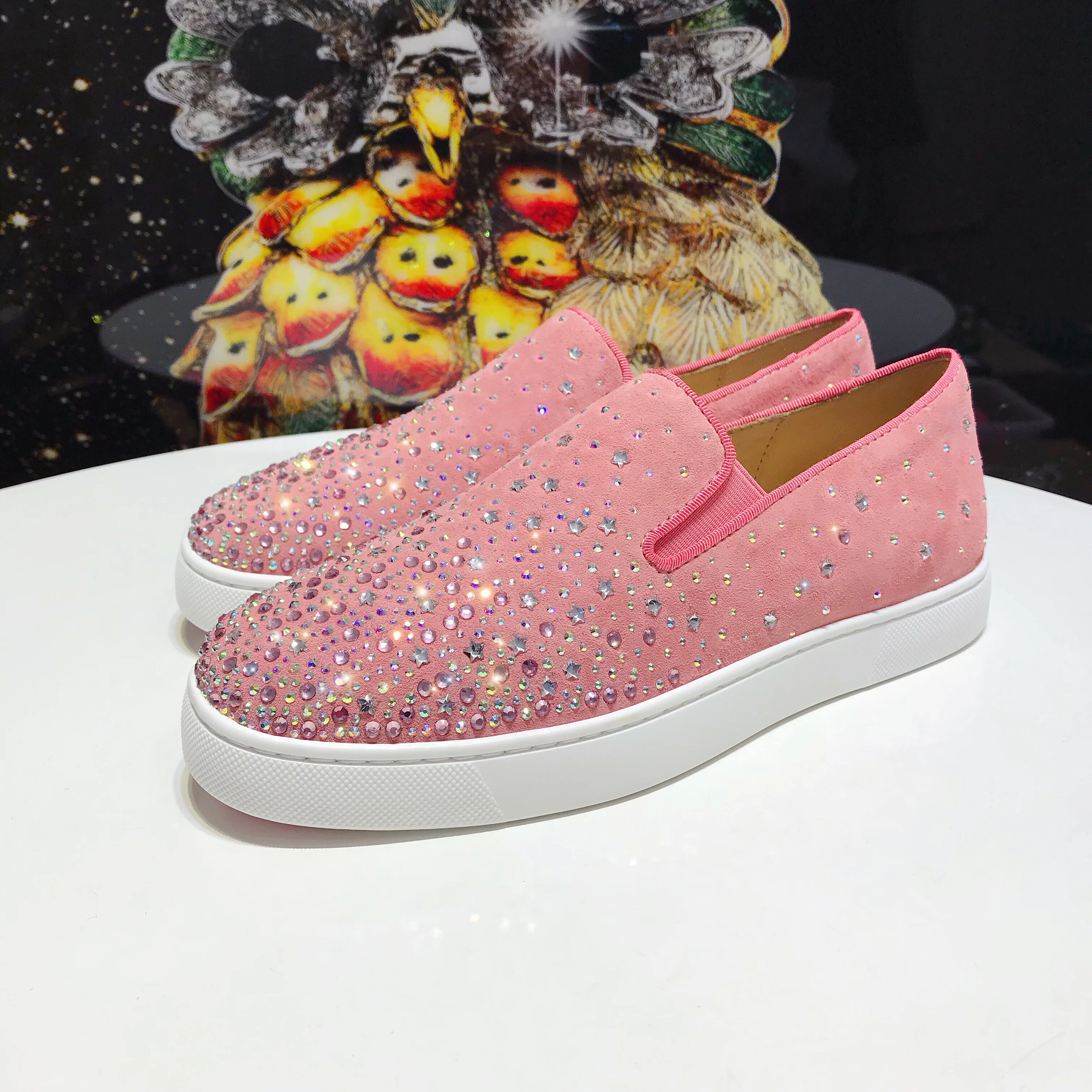 

Luxury women's shoes pink velvet full of stars, one pedal drill, men's and women's same style casual low-top