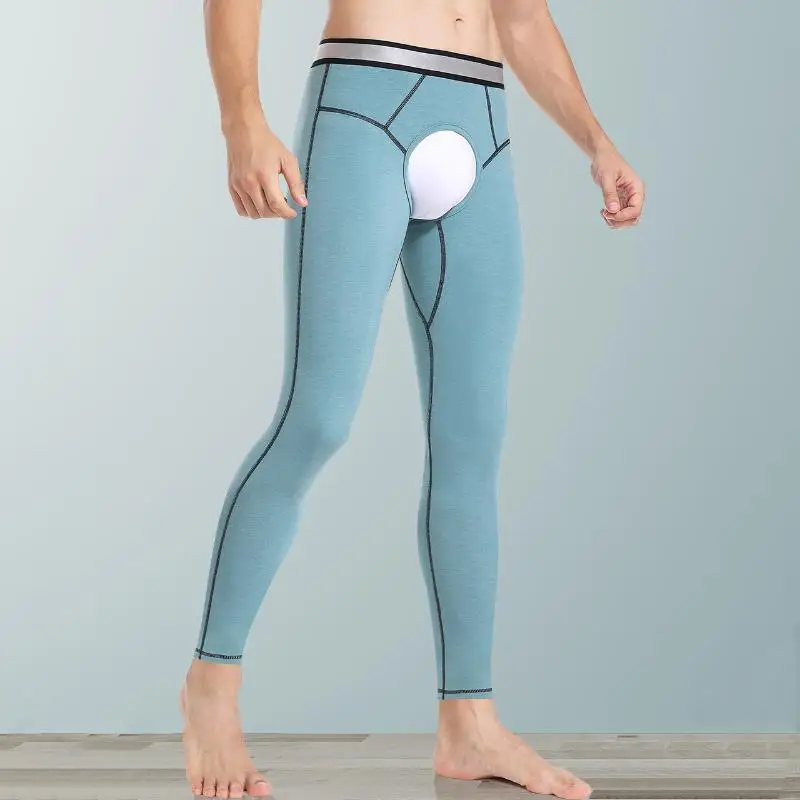 Man Winter Open Crotch Sexy Leggings Thermal Sleep Bottoms Fleece Inside Tight Crotchless Warm Keep Middle Waist Fashion Pants
