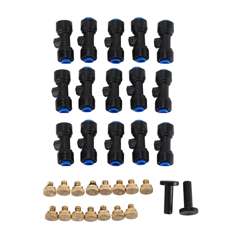 

15 Pieces Brass Misting Nozzles 1/4 Inch Slip Lock Mister Nozzles Thread Misting Nozzle Tees With 2 Pieces Plugs