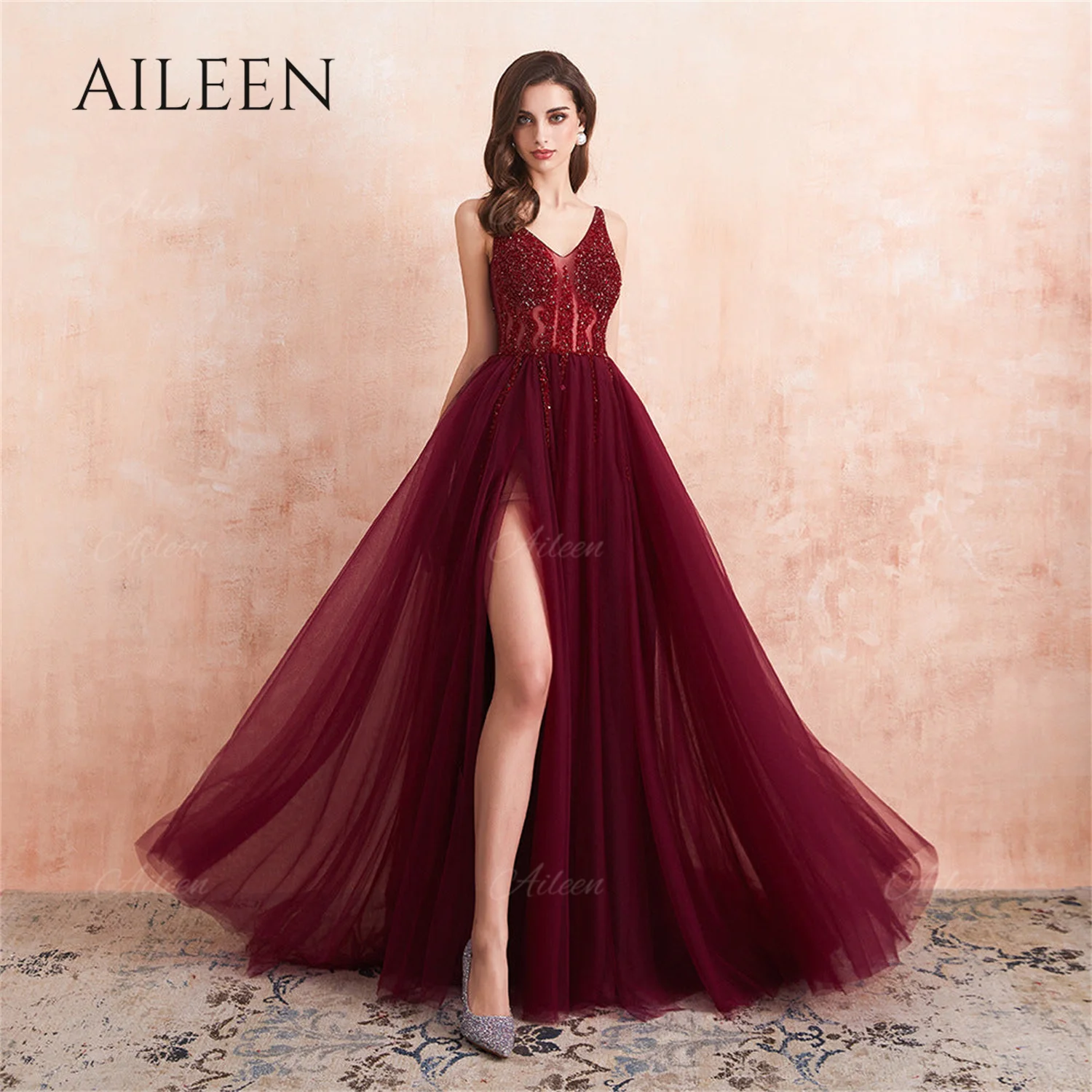 

Aileen элегантное платье для женщин, вечернее платье из бисера, шифоновое платье с красными боковыми разрезами, изящные готические платья на заказ