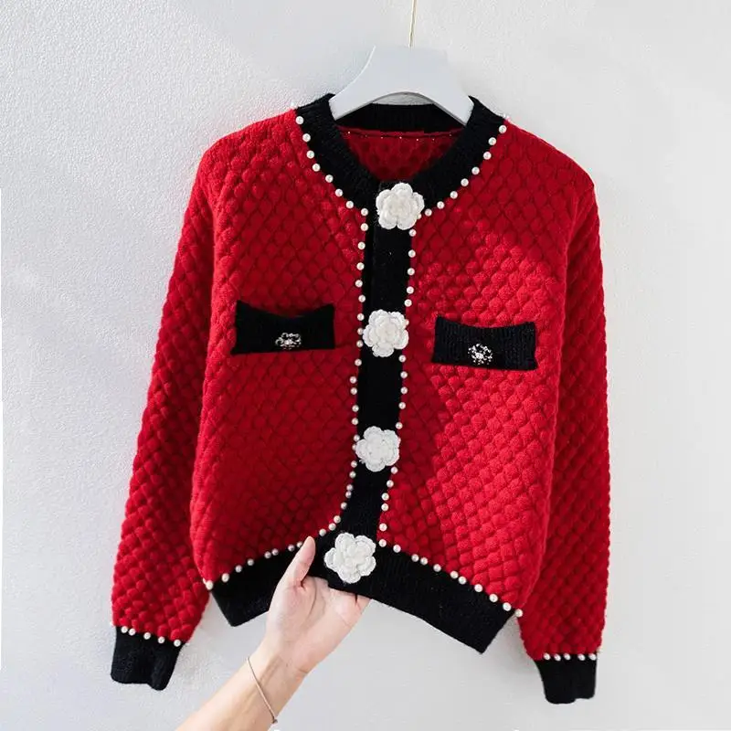 

2022 New Sweater Cardigan Jacket Women Spring Autumn Button O-neck Cropped Fashion Patchwork Casual Knitted Coat Top D32