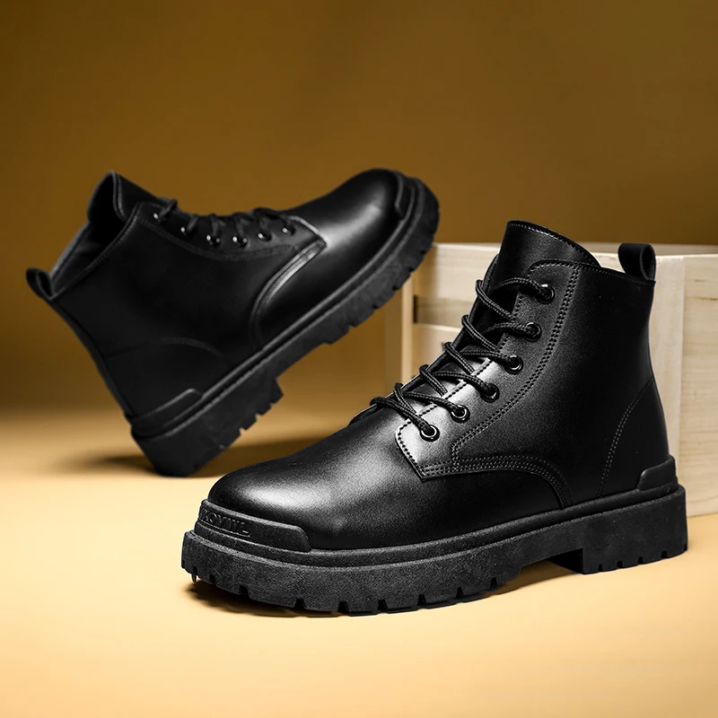

2022 Hot Sale Cheap Black Boots for Men Leather Casual Boots Men Comfortable Platform Ankle Boots Man Safety Shoes bota masculin