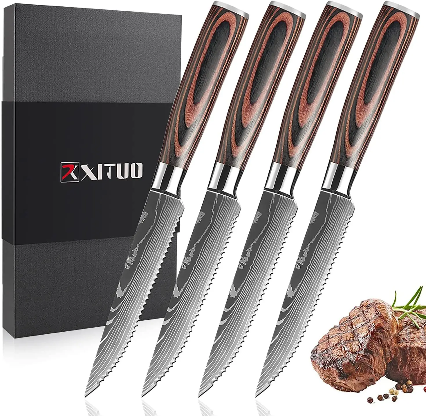 

XITUO 4/6 Pcs Steak Knives Set Sharp Serrated Blade Wood Handle Outdoor BBQ Picnic Meat Cutter Multi-function Fish Cutting Knife