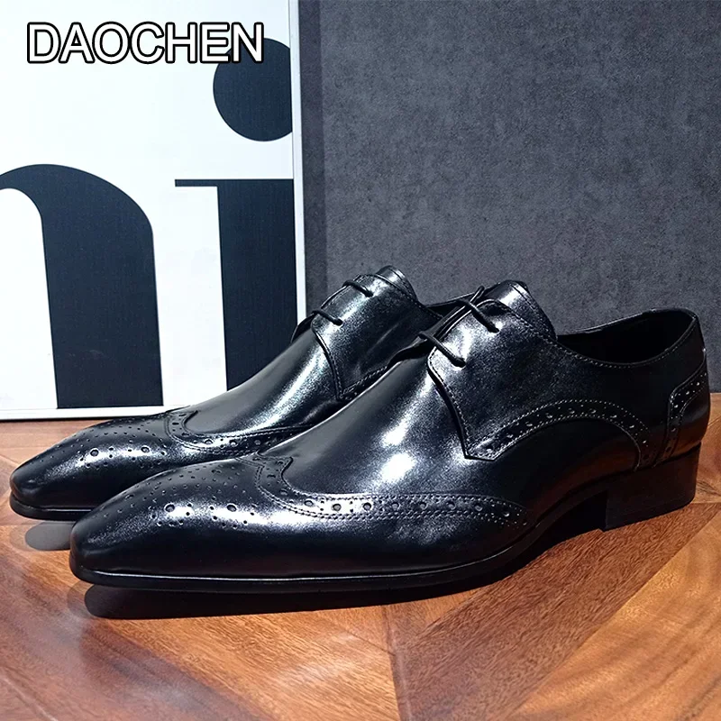 Туфли мужские из натуральной кожи роскошные брендовые на шнуровке заостренный