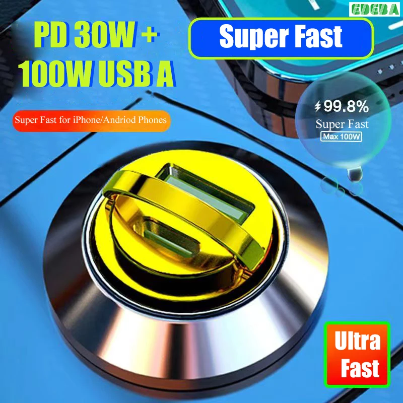 100W Mini USB Car Charger Type C PD 30W Gold Super Fast Charging for iPhone 14 Pro Max 13 12 11 Samsung Xiaomi Huawei Oneplus