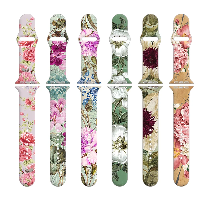 

For Apple Watch Band 38MM 40MM 41MM 45MM 49MM 44MM Silicone Floral Print Bracelet Strap For iWatch S8 7 SE 6 5 4 3 Wristband