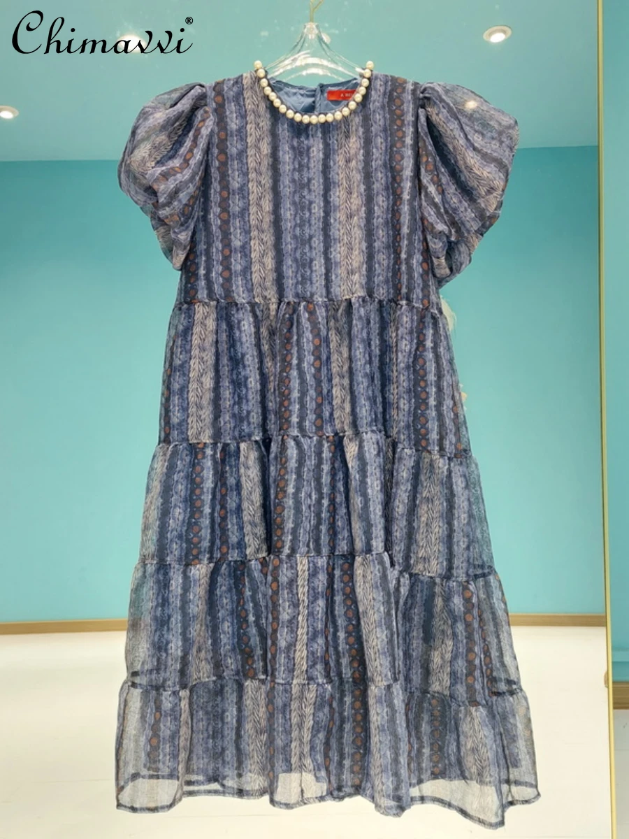 

High-end Elegant Vintage Puff Sleeve Dress 2022 Summer Dresses New Fashion Round Neck Pearl Blue Floral Striped Printed Dress