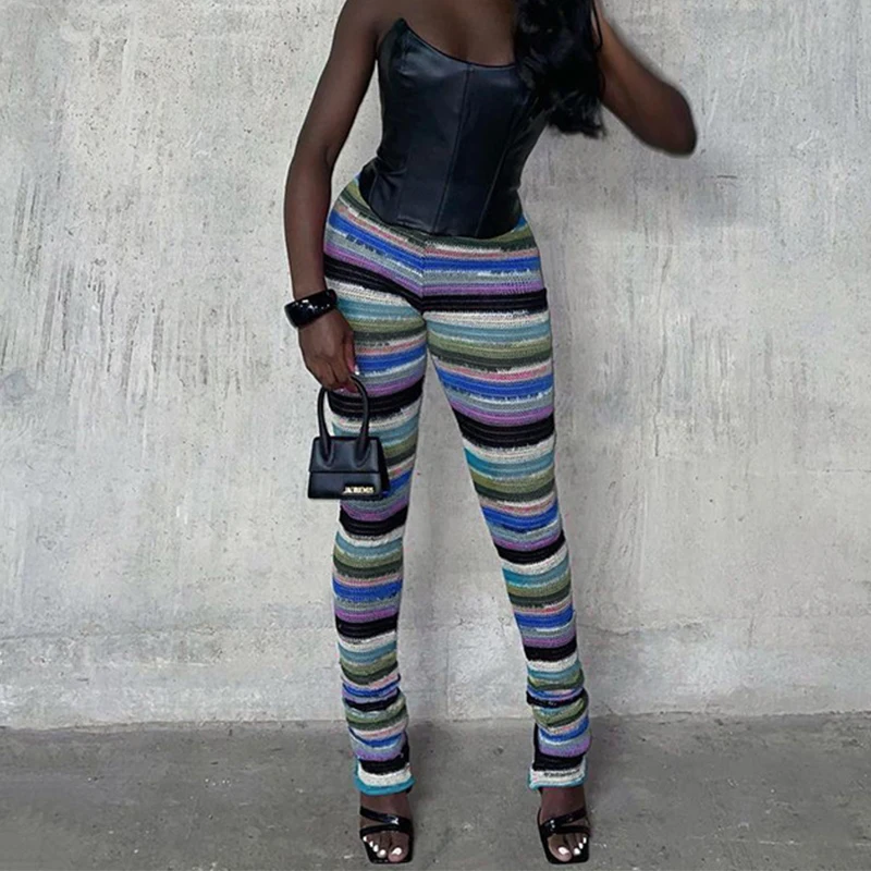 

Разноцветные полосатые трикотажные штаны Gtpdpllt, женская уличная одежда, осень 2023, сексуальные очень длинные брюки