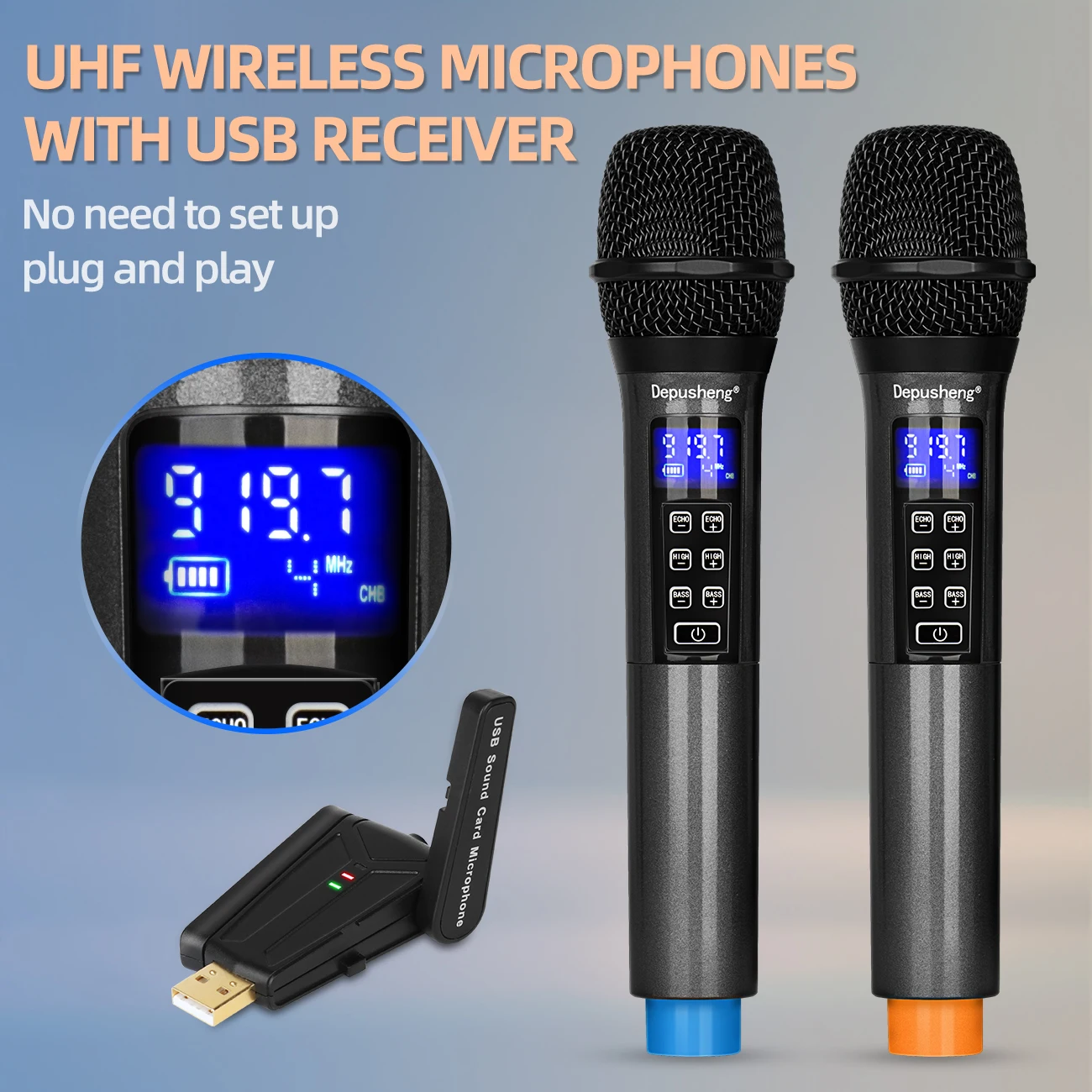 Depusheng W4 Wireless Microphone with Echo Treble Bass & Bluetooth 98 FT Range UHF Portable Handheld Dynamic Microphone System enlarge