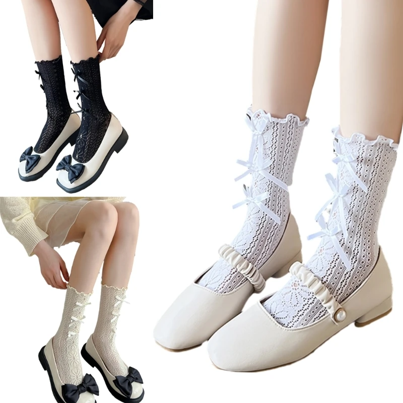 

Женские кружевные носки с рюшами, милые носки с бантом, отделка оборками, носки принцессы на свадьбу, Хэллоуин, носки с круглым