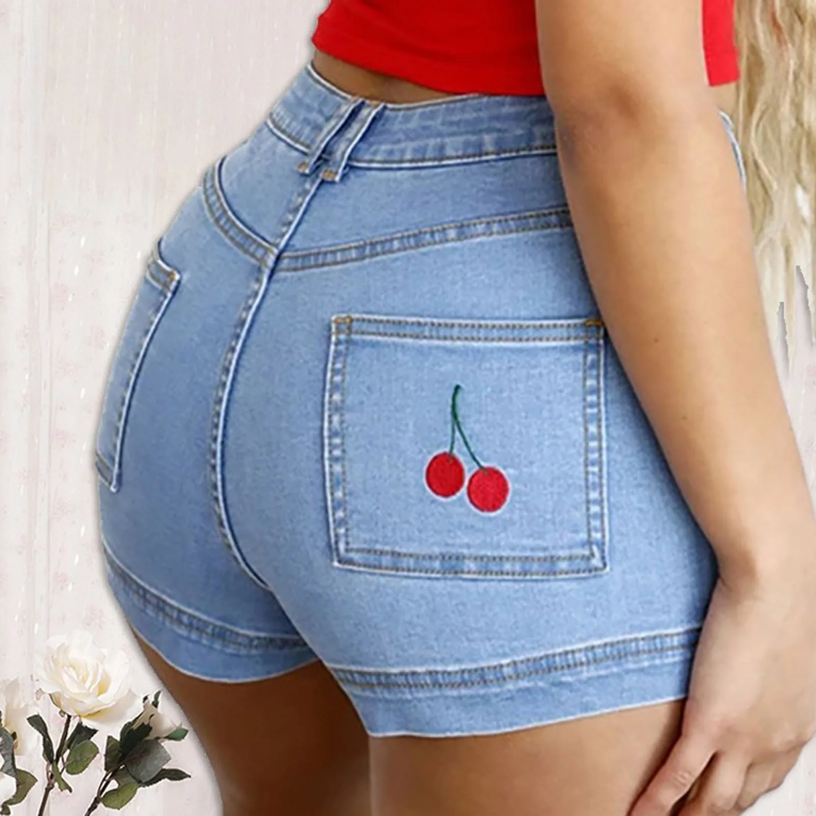 Summer Women Casual Sexy Short Jeans Cherry Print Denim Shorts Pockets Wash Embroidered Fringe Sweet Elastic Waist Female Cloth