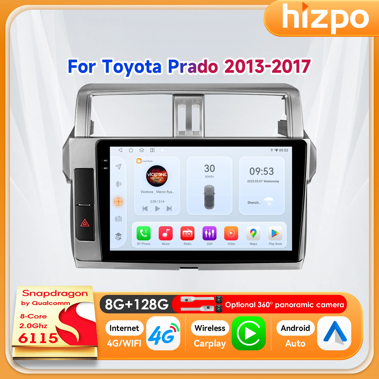 Фото Автомагнитола Hizpo 10.1 дюймов для Toyota Land Cruiser Prado 150 2013-2017 с WiFi, 4G, Bluetooth, беспроводным CarPlay, модель 6115 №1