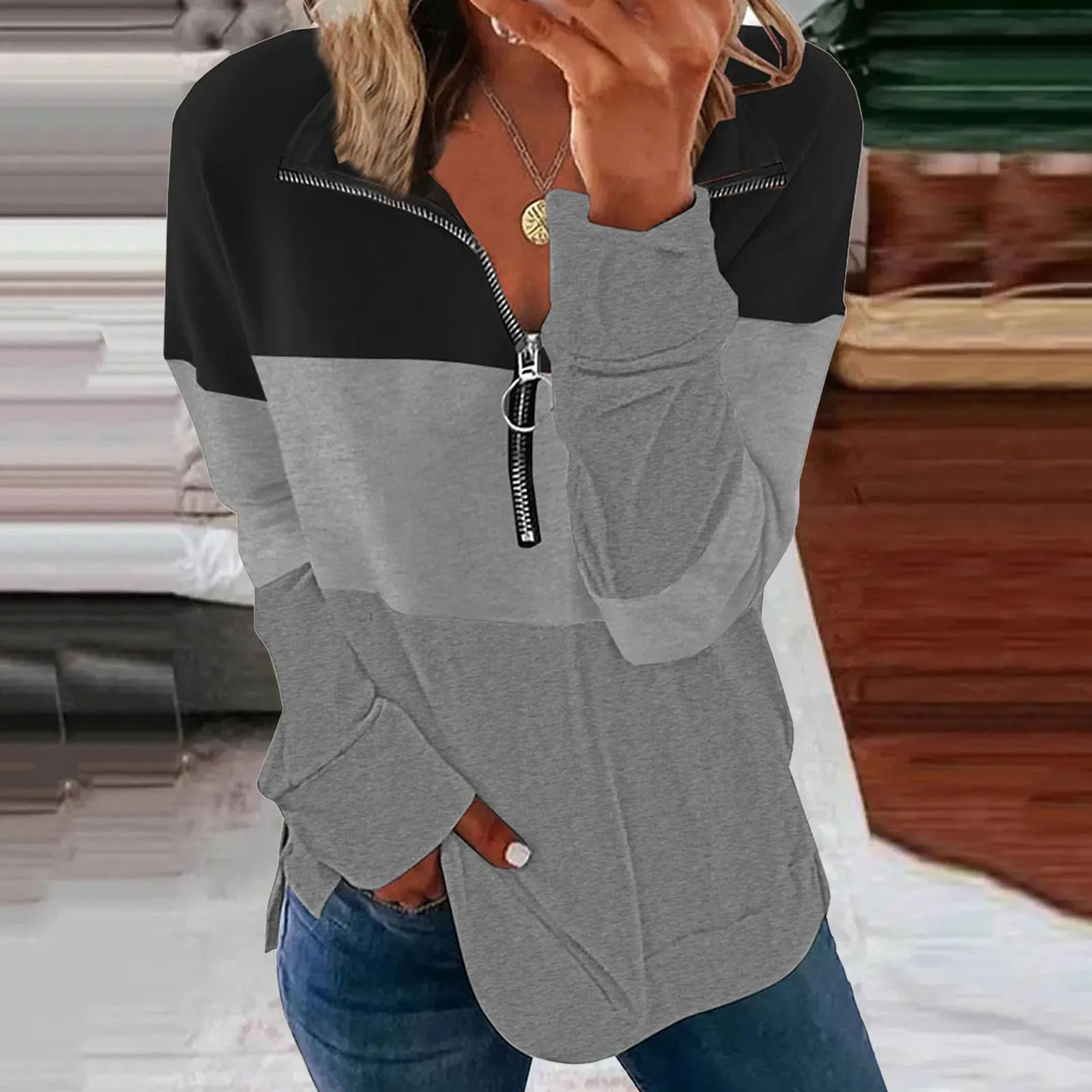 

Women Striped Patchwork Sweatshirts Spring Autumn Crew Neck Zip Loose Soft Long Sleeve Striped Print Casual Pullover Tops