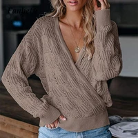 women elegant v neck hollow out sweaters autumn winter casual loose long sleeve tops pullovers ladies solid sweater 3xl fashion