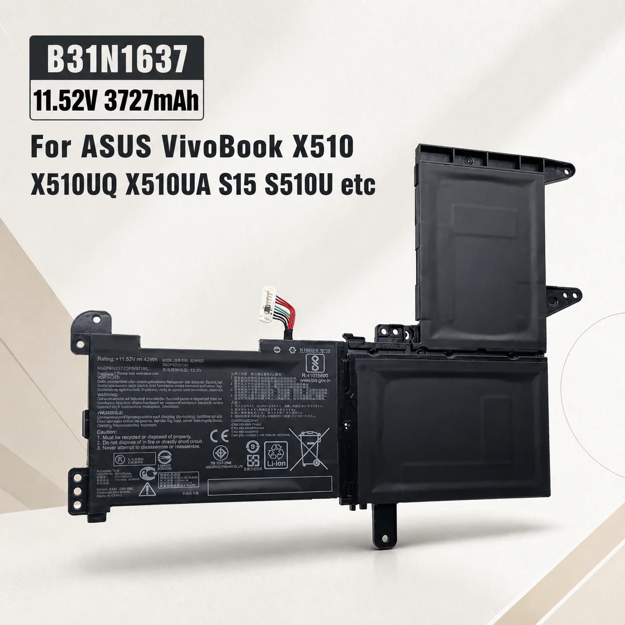 Фото Сменная батарея для ноутбука B31N1637 C31N1637 42Wh для Asus VivoBook F510UA K510U X510UF X510UQ R520U S510U S15 №1