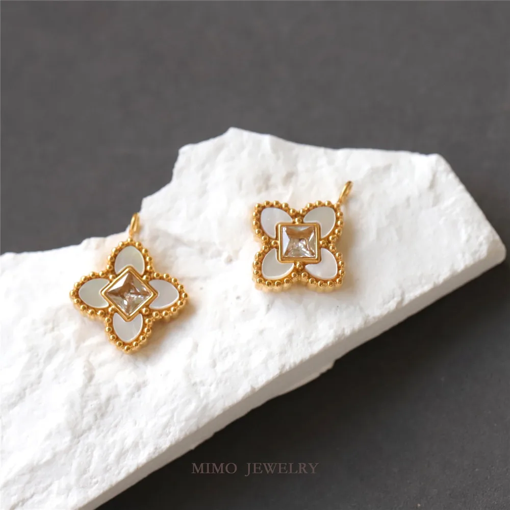 

Titanium Steel Gold-Plated Original Fritillaria Quadleaf Square Zircon Pendant DIY Handmade Earrings Necklace Jewelry Charm