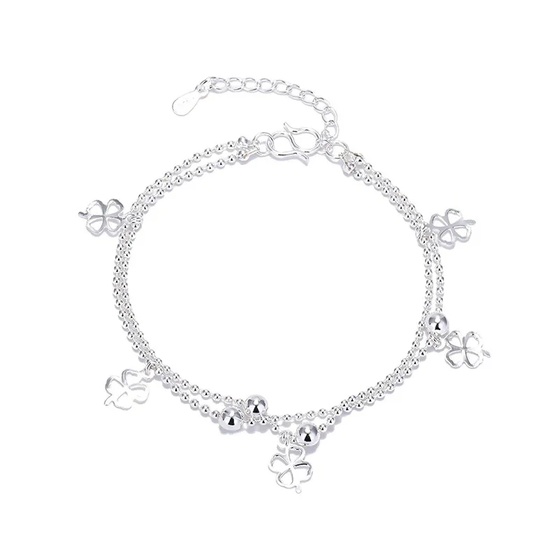 

Fashion 925 Sterling Silver Bracelet Fine Lucky Womens Link Romantic Double Layer Clover Chain Bangle Wedding Jewelry Gifts