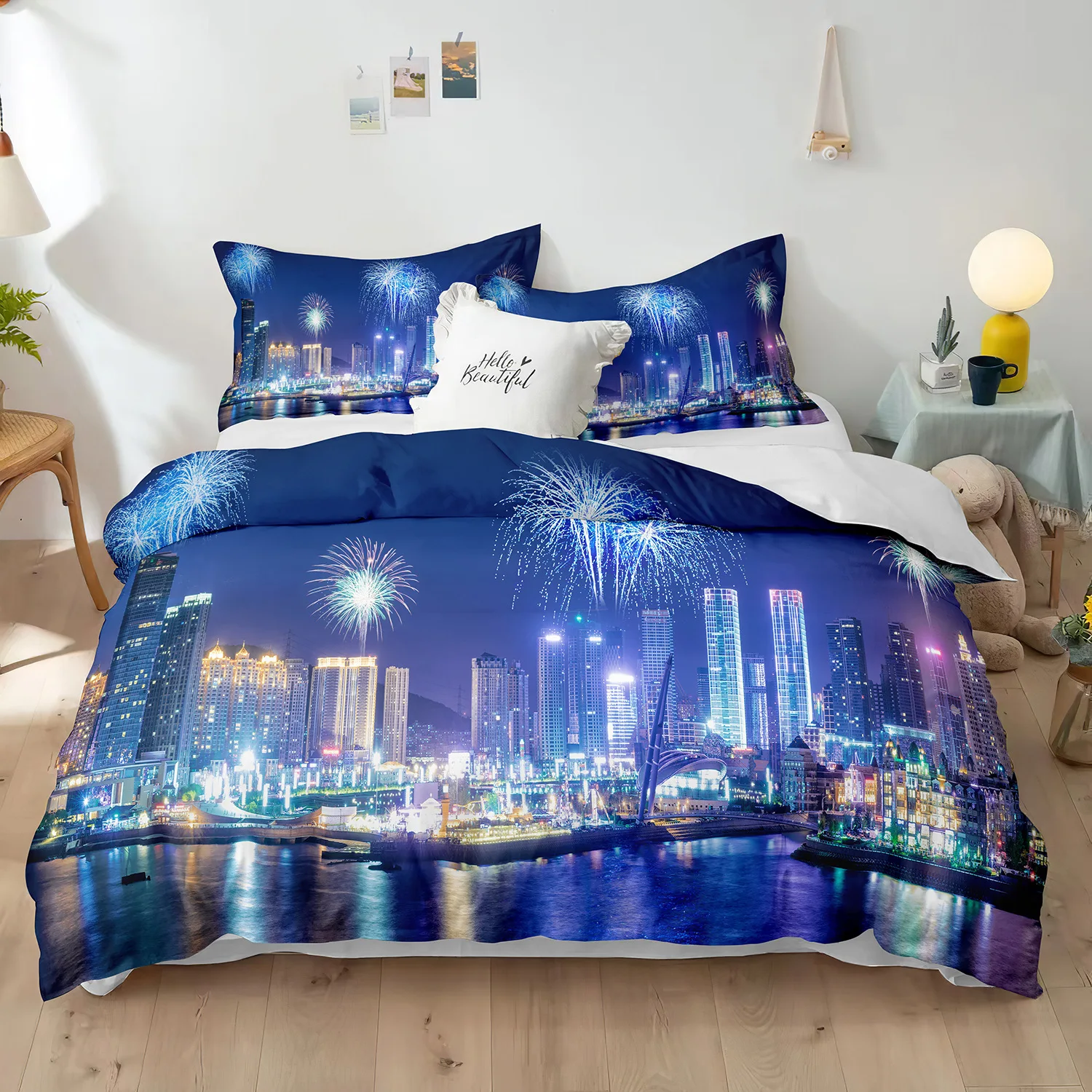 

Blue Fireworks Duvet Cover Set 3D Romantic Theme Beautiful City Night New Year Festival Accessories for Kids Teens Bedroom Decor