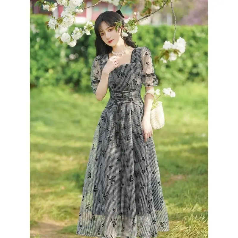 

Elegant Dress for Women 2023 Summer New French Short Sleeve Square Neck Retro Lace Waist Broken Flower Women's Sen Long Frock