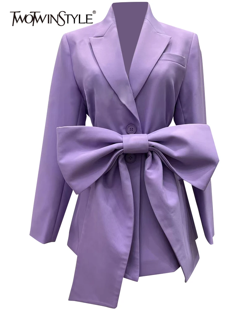 

TWOTWINSTYLE Solid Patchwork Bow Casual Blazers For Women Notched Collar Long Sleeve Spliced Single Breasted Blazer Female 2023