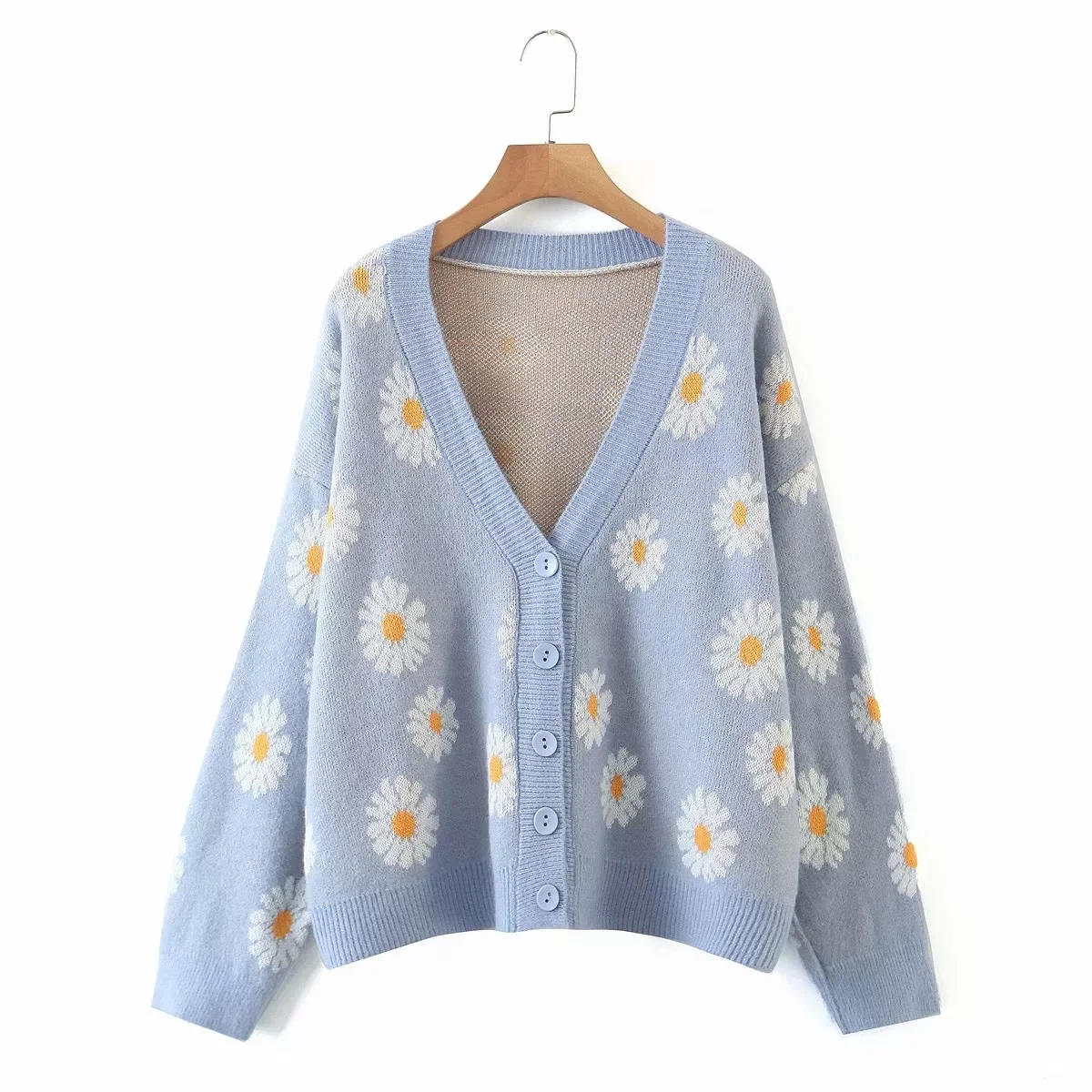 

Sweet Button Down Sweater Cardigan Women Loose Knit Coat Autumn Spring Casual Lady Long Sleeve V Neck Floral Outerwear Sweater