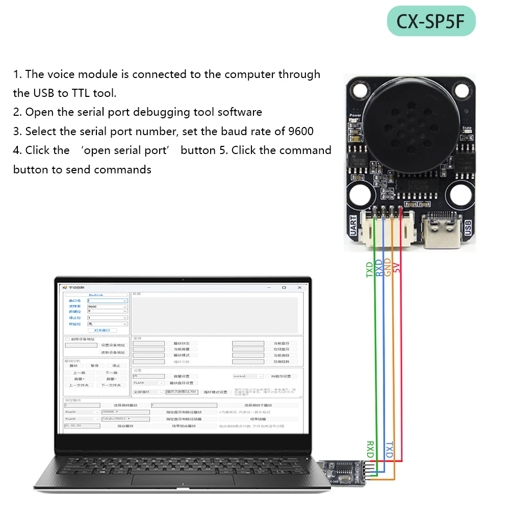 Фото CX-SP5F Модуль воспроизведения голоса MP3 UART Управление последовательным портом Интеллектуальный голосовой электронный строительный блок Музыка 8M Память Type-C №4