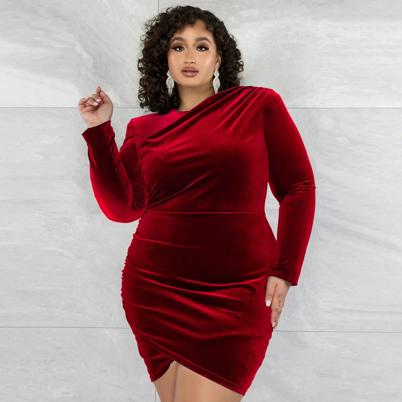 Plus Size Women Clothing Solid Long Sleeve Above Knee Mini Sheath Party Dresses Evening Dresses Sexy & Club Dress Ladies Slim