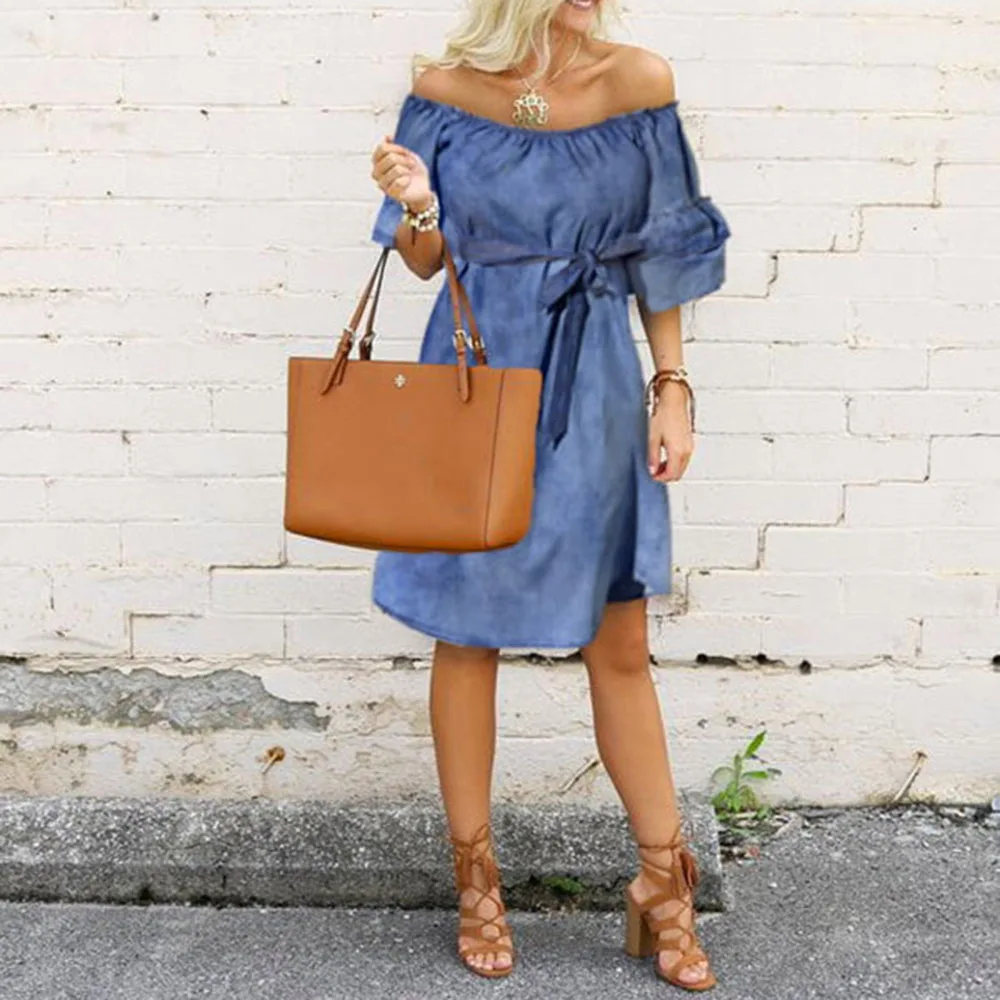 

Женское джинсовое платье с поясом на резинке, темно-синее свободное Повседневное платье-футляр с поясом на резинке, лето 2021