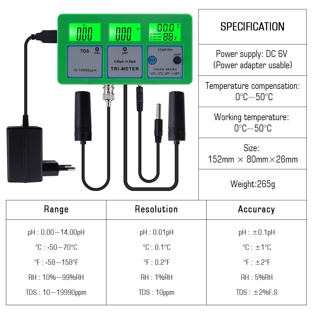 Измеритель PH 4 в 1 тестер качества воды TDS RH с электродом для бассейна аквариума