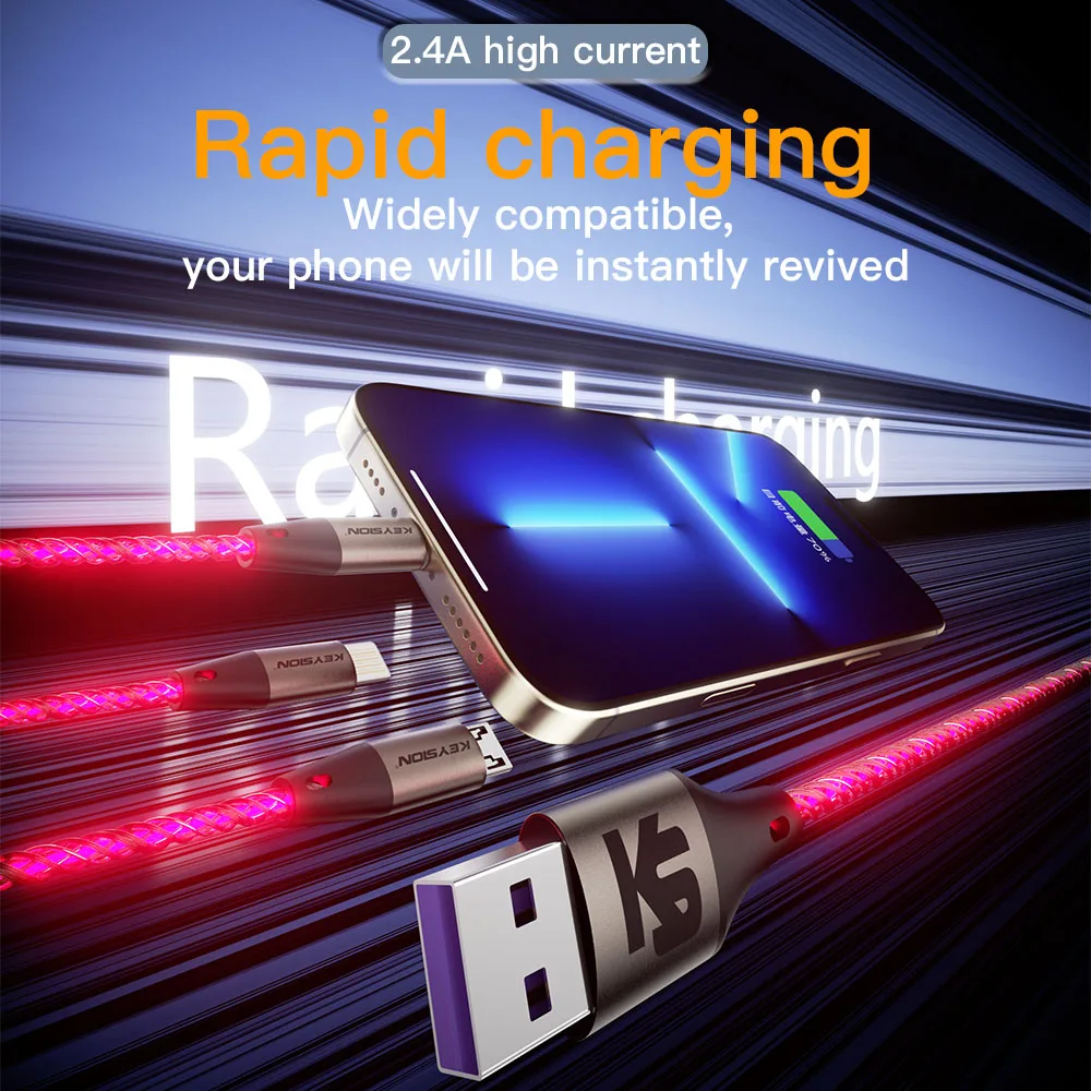 Фото KEYSION USB-кабель 3 в 1, цветной светодиодный RGB-подсветка, градиентный шнур Micro USB Type-C, провод для быстрой зарядки для iPhone, Samsung, Xiaomi, OPPO №4