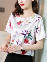 fashion woman blouses 2022 summer silk female clothing elegant blouses short sleeve blouses for women floral satin women%e2%80%99s tops