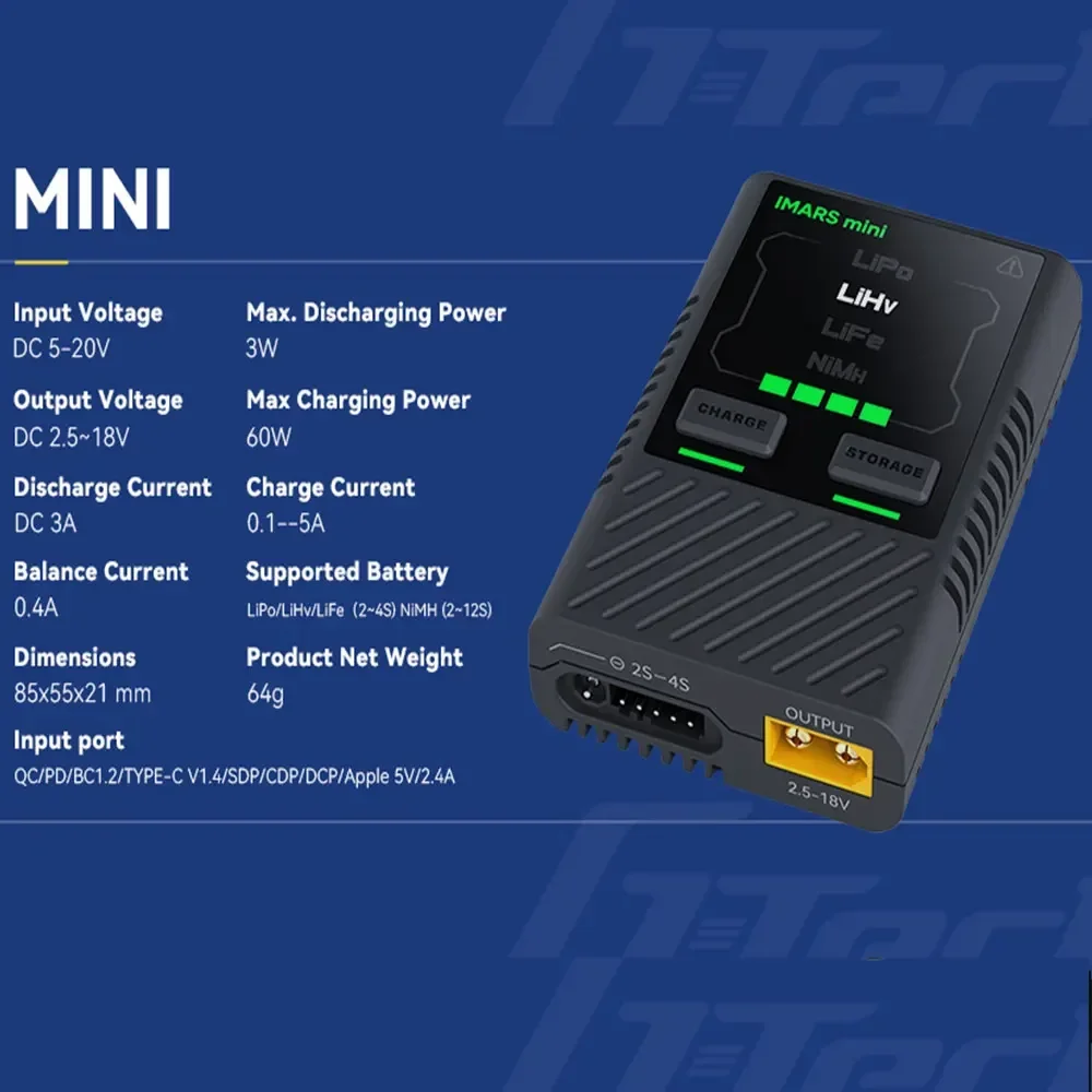 Gens Ace IMARS mini Balance Charger 2-4S Lipo Battery Smart Charging G-TECH для LiHv LiFe NiMH QC PD USB-C RC FPV Drone